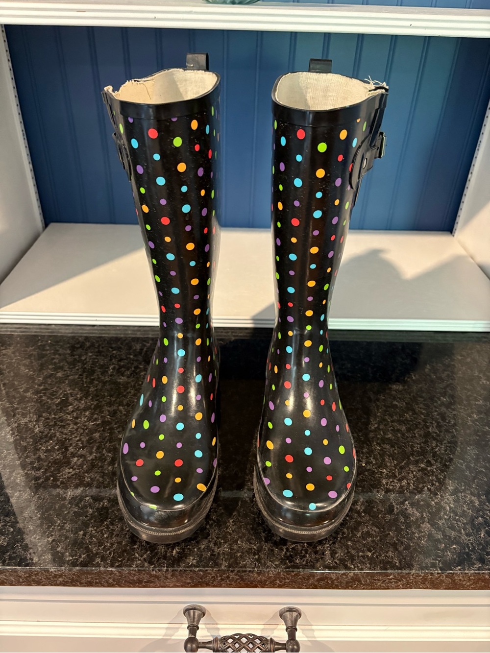 Western Chief Black Rain Boots with Multicolor Polka Dots
